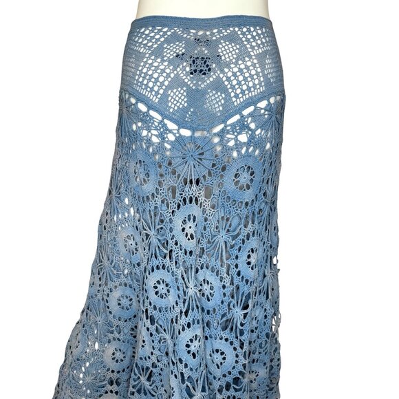 Ralph Lauren Vintage Size L Blue crochet Lace Bohemian Skirt Hand Knit Cotton - Picture 5 of 10
